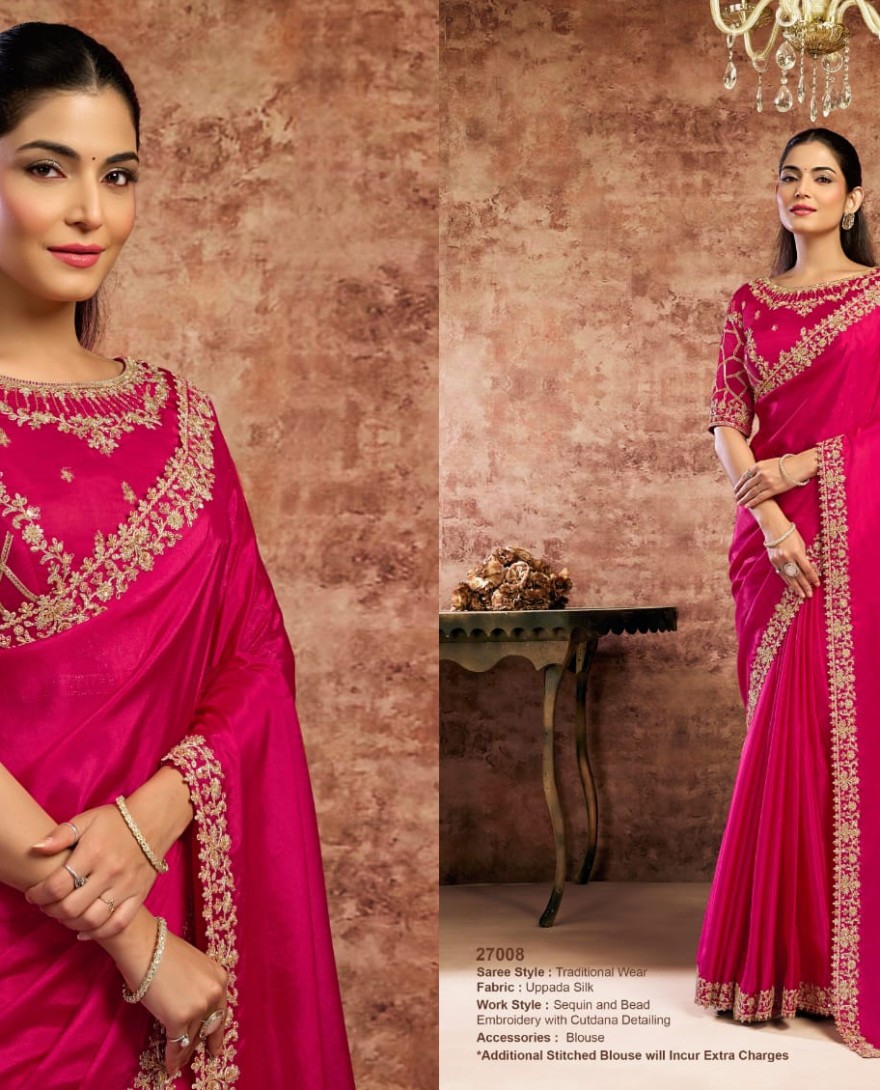 PINK - Designer Rani Embroidered Wedding Style Saree